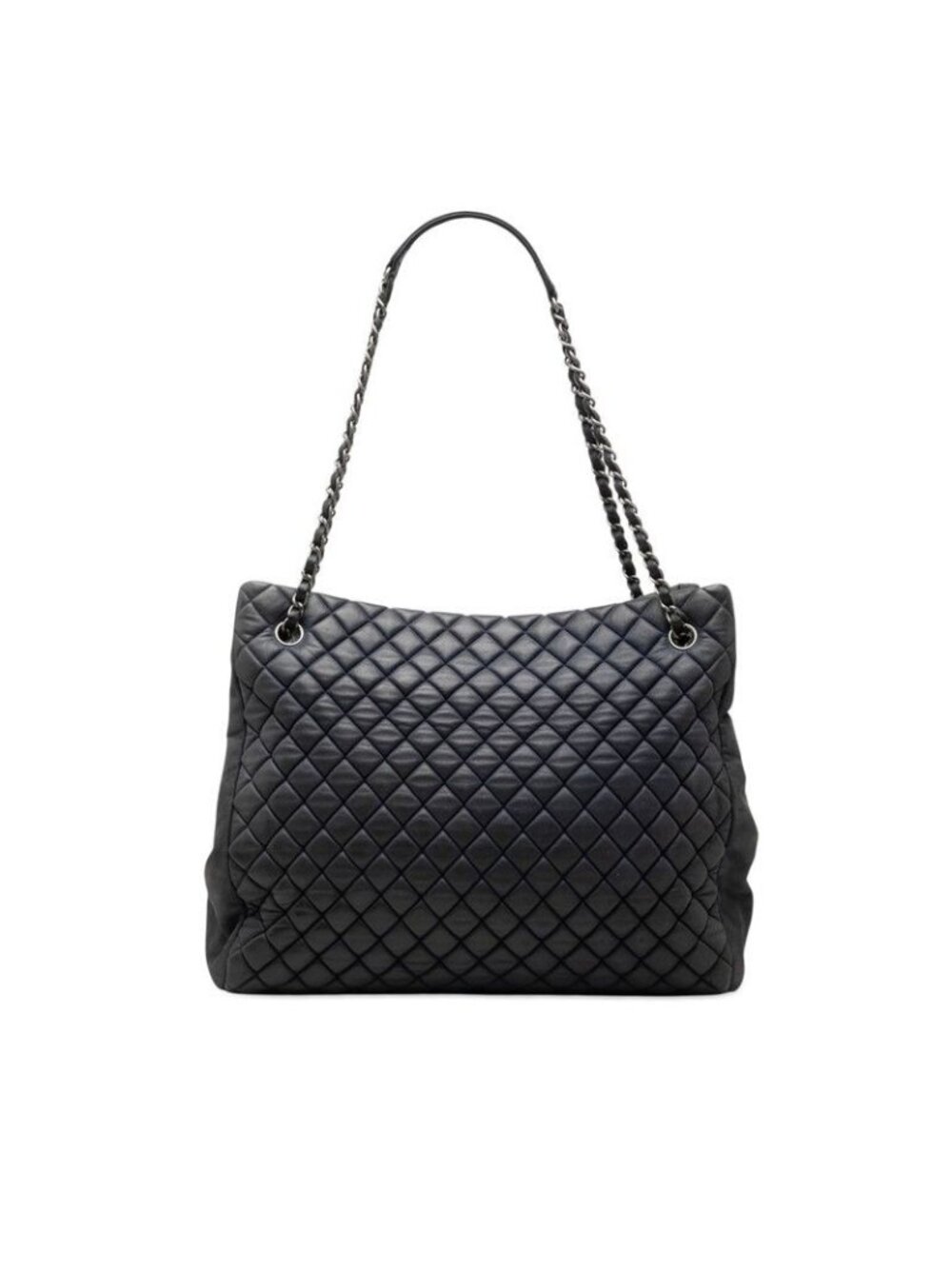 Chanel Quilted Chain Tote Shoulder Bag Navy Silver Leather